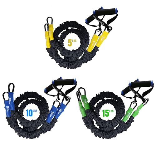 Valor Fitness Resistance Bands Includes 3 Bands 5 10 15 lbs. Carabiners Attached 2 Handles per Band Sheath Covered - Mobility & Flexibility 38 Compact Home Gym Essentials