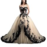 Mauuwy Black Lace Quinceanera Dresses Champagne Tulle Ball Gown Puffy Spaghetti Straps Gothic Prom Dresses 2024 Sweet 16 Birthday Dresses for Women Gothic Bridal Gowns Size 16 Plus