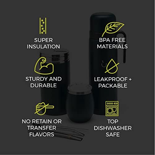 BALIBETOV Yerba Mate Cup Set - Modern Yerba Mate Gourd, Thermos, Yerba Mate Container (Yerbero), Bombilla (Mate Straw) and Cleaning Brush - 304 18/8 Stainless Steel (Green)