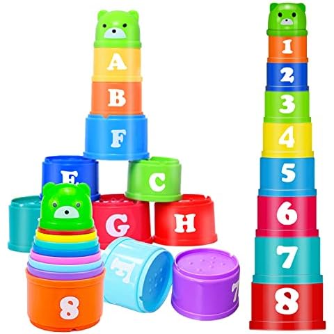 Hymaz Baby Stacking Cups, Toddler Stacking Toys for 1 2 3 Years Old Boys Girls Bath Stacking Cups for 6-12 Months Toddlers Baby Bath Cups Stack Up Cup Sound Folding Cup Toy with Letters Numbers Cover