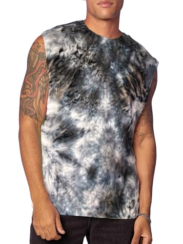 Biker Clothing Co. Men's Tie-Dye Sleeveless T-Shirt – Black/White Wash, 100% Cotton, Regular Fit