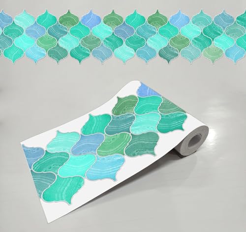 Image of WallDesign Mosaic Lantern Blue Green Shades - 6.25 in X 10 Ft Self-Adhesive Tile Sticker Sheet for Decoration of Kitchen, Bathroom, Furniture, Door, Living, Ceiling