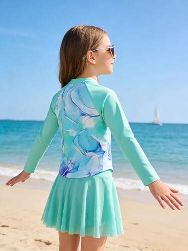 Image of Girls Rash Guard Swimsuit Long Sleeve Bathing Suits with Swim Skirt Shorts Two Piece Sun Protection Swimwear for 3-12 Years