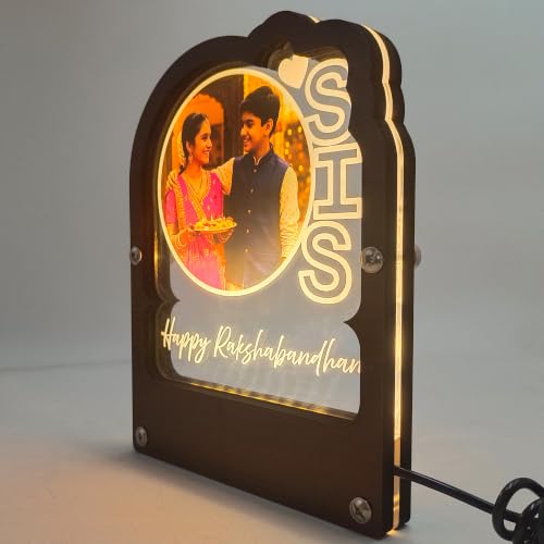 Image of lampees Personalised Happy Rakshabandhan LED Photo Frame, 200x150 mm | UV Printed Acrylic, Soft LED Backlight, Wood Frame Base, USB Powered, Sibling Keepsake