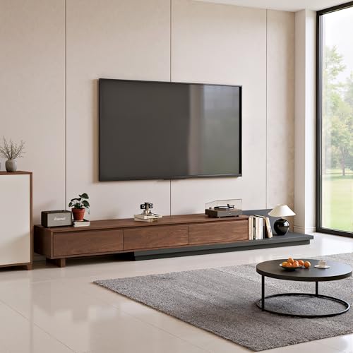 OLEYLUCKLIVE TV Schrank mit 3 Schubladen, Ausziehbares TV Lowboard, TV Board verstellbar von 180 cm bis 300 cm, Fernsehschrank für Wohnzimmer (Walnut)