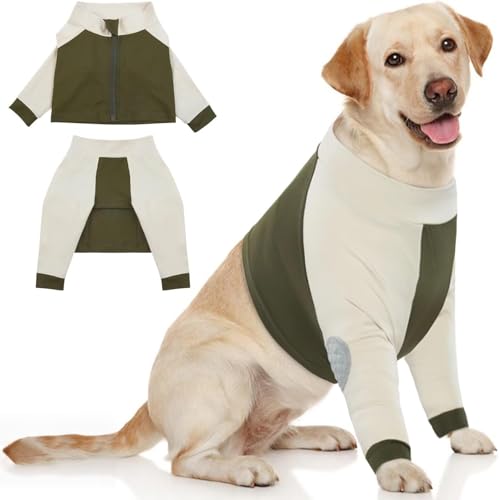 Image of MIGOHI Dog Recovery Suit with Elbow Protector, Dog Front Leg Sleeve to Stop Licking with Zipper, Injuired Leg Wounds, Green, 3XL