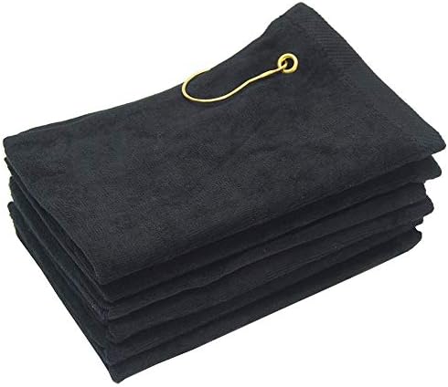 GEORGIABAGS 6 Pack Terry Velour Golf Towels, 11x18 Fingertip Towels, Sport Towels, Corner Grommet & Hook (Black, 6)