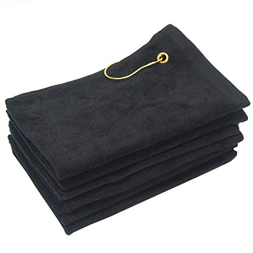 Georgiabags 6 Pack Terry Velour Golf Towels, 11X18 Fingertip Towels, Sport Towels, Corner Grommet & Hook (Black, 6) #TOP21