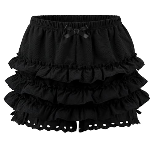 Women's Lolita Bloomers Plush Ruffles Pumpkin Pants Cute Layered Bottom Shorts Victorian Pantloons Kawaii Shorts Pettipants Black