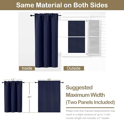 Image of Navy Blue Blackout Curtains for Small Window Treatment, Light Blocking Short Kitchen Window Curtains Over Sink, Dual Rod Pocket Half Window Tiers for Bathroom Basement, 2x40Wx36L Inches