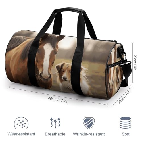 Collie Dog And Horse Together Gym Bag for Men Women, Sturdy Oxford Cloth Travel Bags with Removable Shoulder Strap, Waterproof Duffel Bag for Fitness, Travel, Yoga2