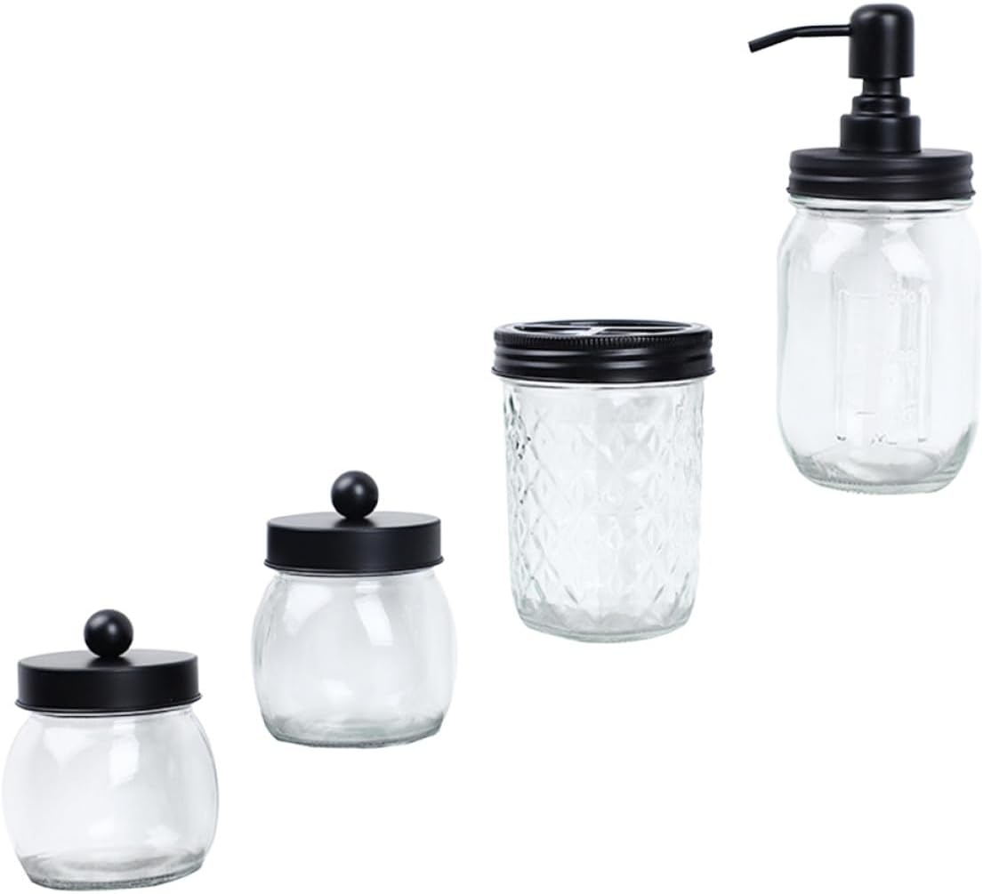 VICASKY Mason Jar Glass Toothbrush Holder Cup Set with Black Lid, Bathroom Lotion Bottle and Swab Container, Sanitary Bathroom Accessory for Home and Travel, 4pcs Toiletry Organizer
