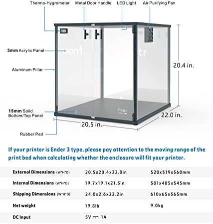 Fnatr EnderBox Acrylic 3D Printer Enclosure Ender 3 Enclosure 3D Printer Accessories USB LED Light Ventilation Fan for Ender 3/Prusa Mini+/Aquila X2