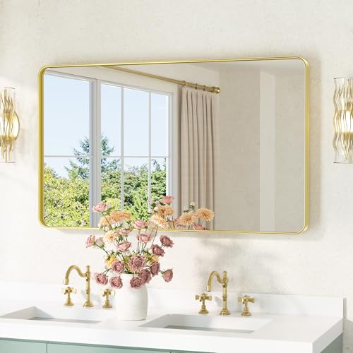 Image of TETOTE Brushed Gold Bathroom Mirror 40 x 24 Gold Metal Framed Bathroom Mirror, Tempered Glass, Modern Farmhouse Wall Mounted Mirror for Decorative(Horizontal /Vertical)