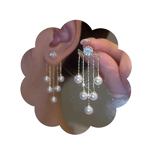 Sttiafay Vintage Crystal Pearl Drop Earrings Long Tassel Pearl Dangle Earrings Gold Cz Pearl Chain Earrings Cz Rhinestone Bridal Earrings Jewelry for Women