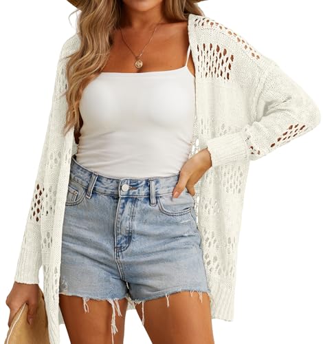 GRECERELLE Crochet Cardigan for Women Summer Beach Cover Up Lightweight Hollowed Out Open Front Long Cardigans Ladies Sun Protection Beachwear (White, L)