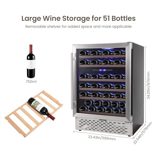 Garvee Superior Wine Refrigerator - 51 Bottle Capacity Dual Zone Cooler, Dual Zone 24" Wine Cooler,Quiet Compressor, Seamless Stainless Steel Design, Temperature Memory.