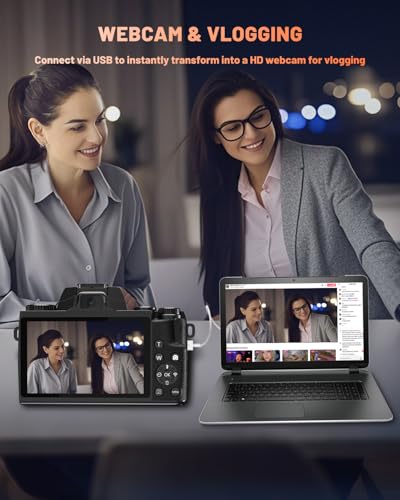 Image of 8K Digital Camera for Beginner, Vloggin Camera for YouTube, Autofocus, WiFi, 4 Inch Touchscreen, 16X Digital Zoom, 3000mAh Battery, Dual-Lens, Lens Hood, 32GB TF Card and Flash,Black