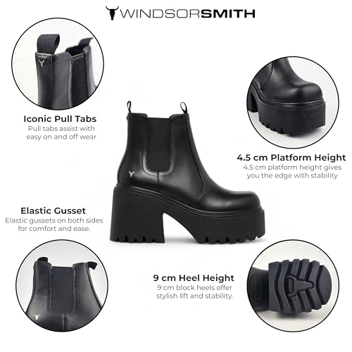 Windsorsmith Womens Black Leather Platform Ankle Chelsea Boots - Tricky2