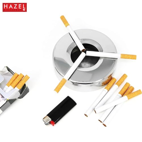Image of HAZEL Stainless Steel Ashtray with Lid | Windproof Lid Ash Tray for Cigarettes | Portable Ashtray for Home, Office, Outdoor Use