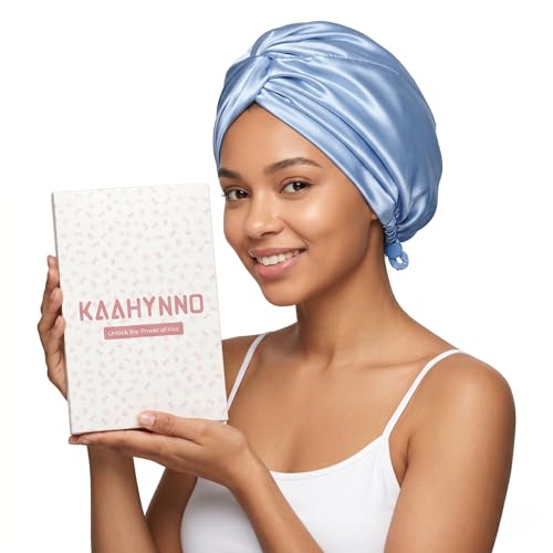 Image of Adjustable Silk Satin Bonnet for Sleeping Hair Wrap, Double Layer Sleep Cap, Night Turban for Large Long Curly Braid Women Men Hair - Aqua Sky Blue