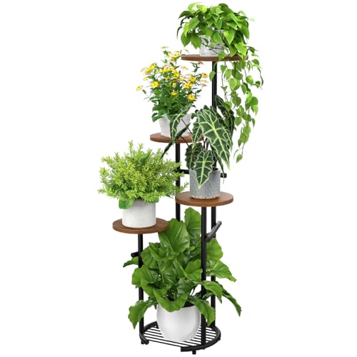 TOSKING 5-Tier Round Wood Corner Plant Stand Indoor, Anti-Tip, Brown&Black
