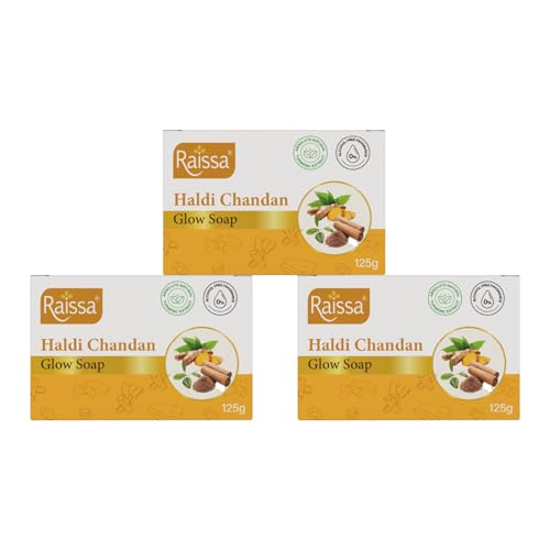 Image of Raissa Haldi Chandan Glow Soap 125g (Pack of 3) | With Turmeric & Sandalwood for Bright, Glowing Skin | Herbal Bathing Bar for Daily Use | Soothes & Nourishes | Alcohol-Free | No Harsh Chemicals | For Men & Women