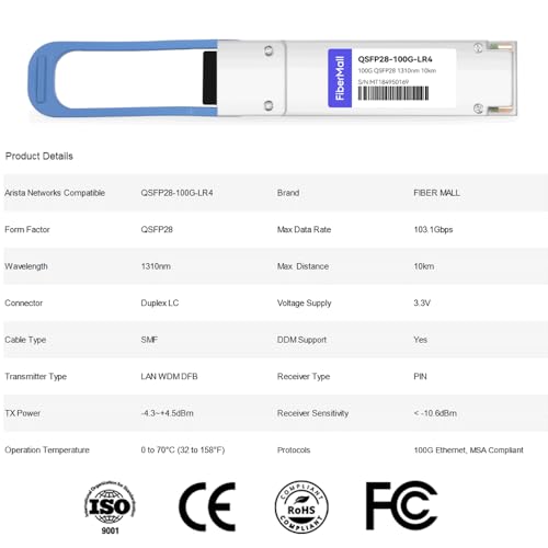 Image of 100G QSFP28 LR4 for Arista Networks QSFP-100G-LR4, 100GBASE-LR4 QSFP28 Optical Transceiver Module,1310nm 10km LAN WDM LC SMF DOM