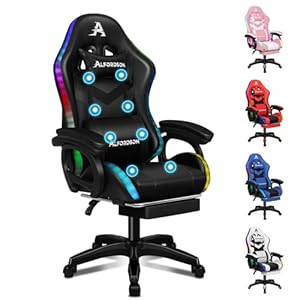 ALFORDSON Gaming Stuhl, Racing Gamer Stuhl mit LED RGB Beleuchtung, Massaging Computersessel mit Fußstütze, Ergonomischer Drehstuhl mit hebelbetätigter Rückenlehne, Schwarz