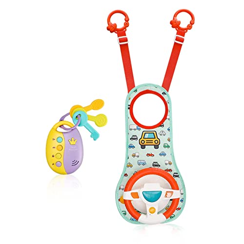 Image of Chibon Baby Car Seat Toys for Infants with Mirror & Toy Keys for Toddlers and Babies, Carseat Toys Steering Wheel with Music Lights and Driving Sounds, Toddler Keys for Car Remote with Car Sounds