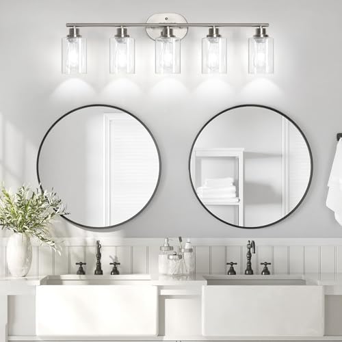 Unicozin Bathroom Light Fixtures, 5 Light Vanity Lights for Bathroom, Brushed Nickel Wall Lamp with Clear Glass for Mirror, Living Room, Hallway, Cabinet, E26 Base by Unicozin - Used condition - Image 8