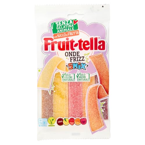 Fruittella Onde Frizz 5 Mix, Caramelle Gommose, Gusto Limone, Arancia, Fragola, Lampone e Cola Frizzanti, con Succo di Frutta, senza Gelatina Animale, Dolcetto Fine Festa, da Condividere con Amici