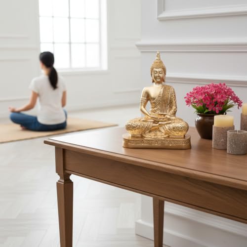 Image of Meditating Buddha Statue Showpiece, Gold Finish Decorative Resin Buddha Idol for Home Decor, Living Room, Office Desk, Meditation Room, Spiritual Gift, Tabletop Decorative Figurine (Gold)