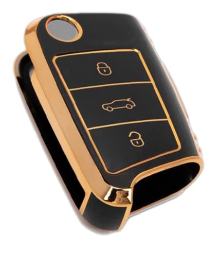 Image of TPU Car Key Cover Black & Golden Compatible for Skoda Kushaq, Slavia, Octavia, Kodiaq, Superb (Skoda, 3 Button Flip Key New)