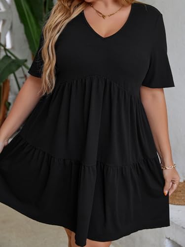 SOLY HUX Women's Plus Size V Neck Short Sleeve A Line Ruffle Hem Babydoll Flowy Dress4
