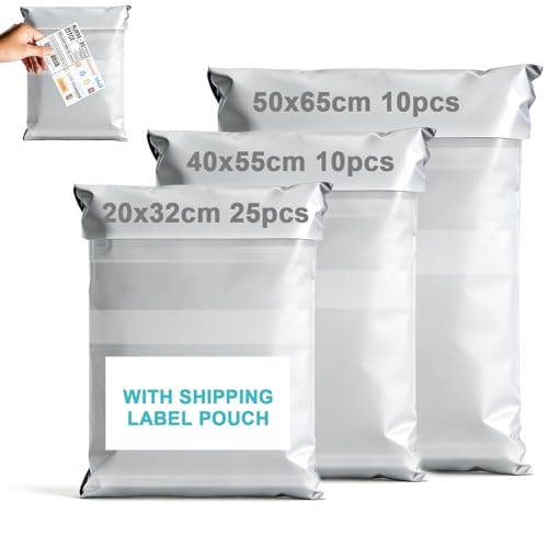 XRXYMQ 45 Stück Versandtaschen mit Tasche für Versandetikett 3Größen S/M/L Versandtüten Undurchsichtig Versandbeutel Warensendung Versandtasche Reißfest Shipping Bags für Onlinehandel Retourenversand