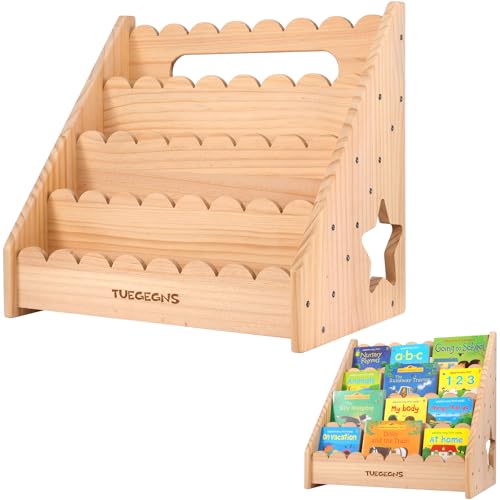 TUEGEGNS Toddler Bookshelf for Kids,Montessori Bookshelf with Wavy Patterns,Organize Your Little One's Reading Adventure with Our Natural Wood Kids Bookshelf - Perfect for Ages 1-5! (Burlywood)
