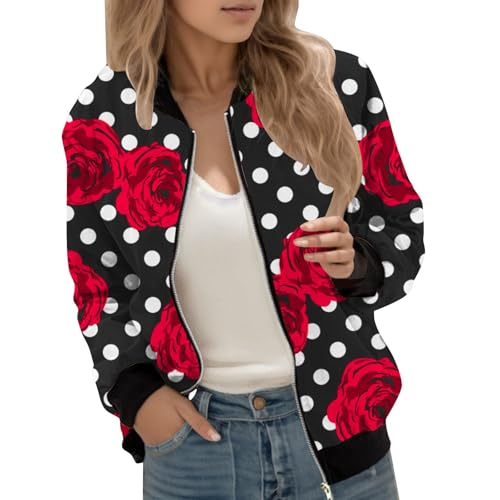 Generisch Chaqueta bomber para mujer con estampado de rosas y lunares - Chaqueta ligera de entretiempo con cremallera | Chaqueta de moda en estilo femenino, Style_v01 Red, XXL