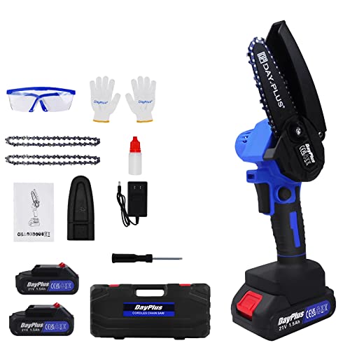 Mini motosierra con batería, 21 V, motosierras eléctricas sin escobillas, motosierras pequeñas de mano con una sola mano, sierra eléctrica de corte eléctrica de 4 pulgadas con 2 cadenas y 2 baterías Cover