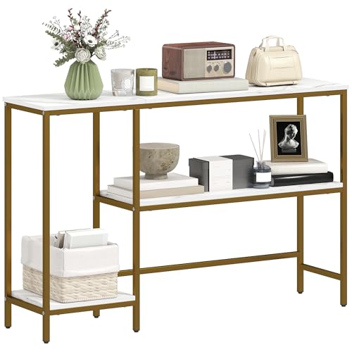 HOMCOM Console Meuble 120 cm, Table Console 3 Niveaux avec étagères de Rangement, Plateaux Imitation marbre, Cadre en métal, Table d'entrée, Salon,...