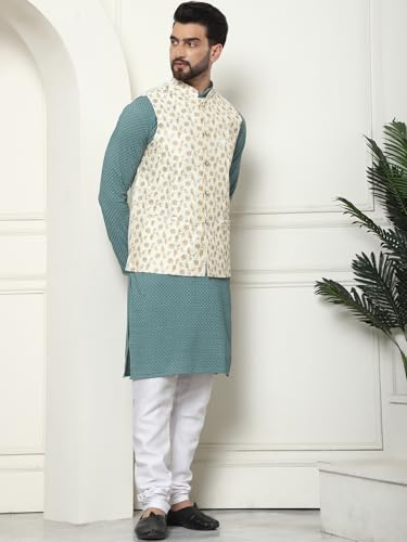 Image of SOJANYA (Since 1958 Men's Pure Cotton Sea Green Kurta and White Pyjama with Embroidered Cream Nehru Jacket