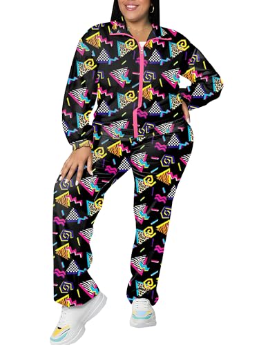 UOUA Plus Size 80s Outfit for Women 90s Costume Long Sleeves Windbreaker 2 Piece Party Tracksuit BlackPrint 2XL