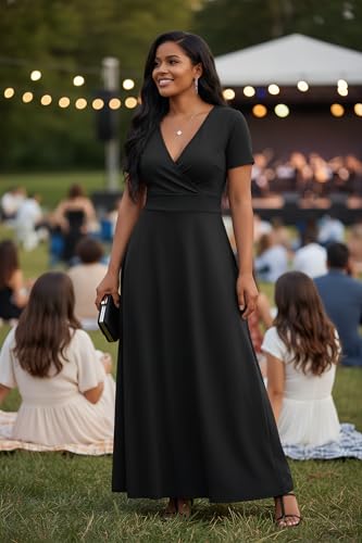 Image of CLOCOR Maxi Dress for Women Long Summer Short Sleeve Evening Formal V Neck A Line Dresses Wedding Guest Empire Waist Elegant