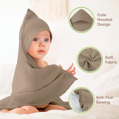 Image of 100% Organic Cotton Muslin Baby Hooded Towel, 32x32 in, Olive & Ivory, 2 Pack, Soft Absorbent 4-Layer Hooded Bath Towel for Newborns, Infants, Toddlers, Boys, Girls, Oeko-TEX