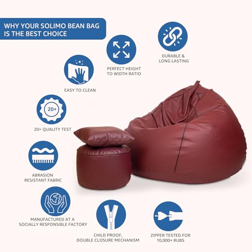 Image of Amazon Brand - Solimo 5XL Faux Leather Bean Bag with Footstool & Cushion Combo for Living Room | Bean Bag Filled with Beans | Capacity Upto 6'7 inch Height & 130 Kg Weight | (Tan with Black Piping)