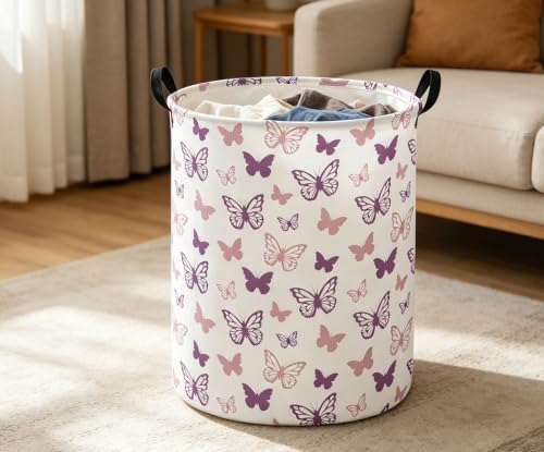 Image of ESSME Butterfly Laundry Basket,Hamper Collapsible Canvas Waterproof Storage Bin,Gift Baskets,(Purple Butterfly)
