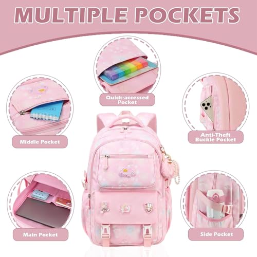 Cute Backpack for Girls,15.6'' School Backpack for Girls,Waterproof & Large Capacity Kids Backpacks Ages 6-12 (Pink)3