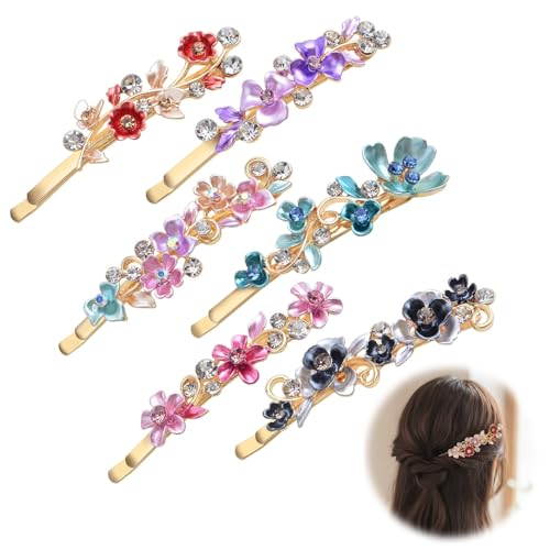 6 Pack Vintage Flower Hair Clips 6.8cm Barrette Hair Clips for Women Sparkly Hair Slides with Floral Design for Fine Thick Hair (Blue Purple Floral Pink Black Coffee)