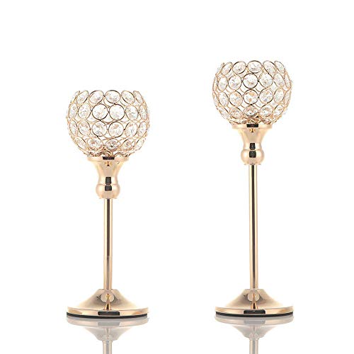 VINCIGANT Pack of 2 Gold Crystal Pillar Candle Holders Home Decor Candelabra Wedding