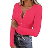 Womens Long Sleeve T Shirts Ribbed Knit Henley V Neck Fashion Basic Crop Tops Going Out Outfits Y2k Clothes Hot Pink
